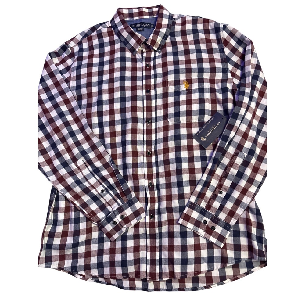 NEW‎ U.S. Polo Assn. Men's Burgundy Navy Plaid Long Sleeve Button Shirt XL